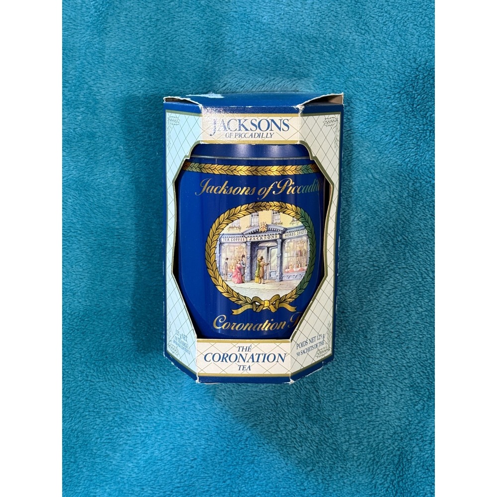 Jacksons of Piccadilly Coronation Tea Caddy 1953 Queen Elizabeth II Blue Tin Box